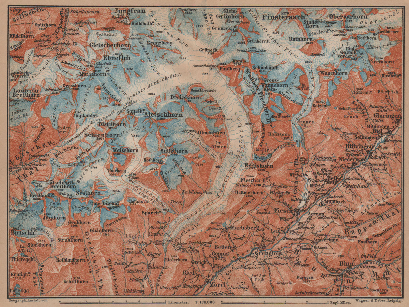 ALETSCHHORN DISTRICT. Fiesch Mörel Jungfrau Nesthorn Grengiols 1899 old map